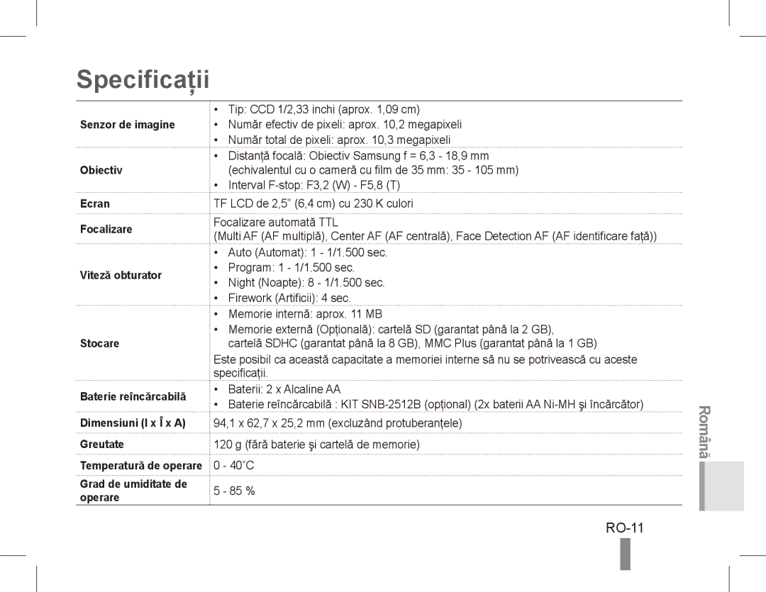 Samsung EC-ES15ZSBA/E1, EC-ES15ZPBA/FR manual Specificaţii, RO-11, Senzor de imagine, Obiectiv, Grad de umiditate de operare 