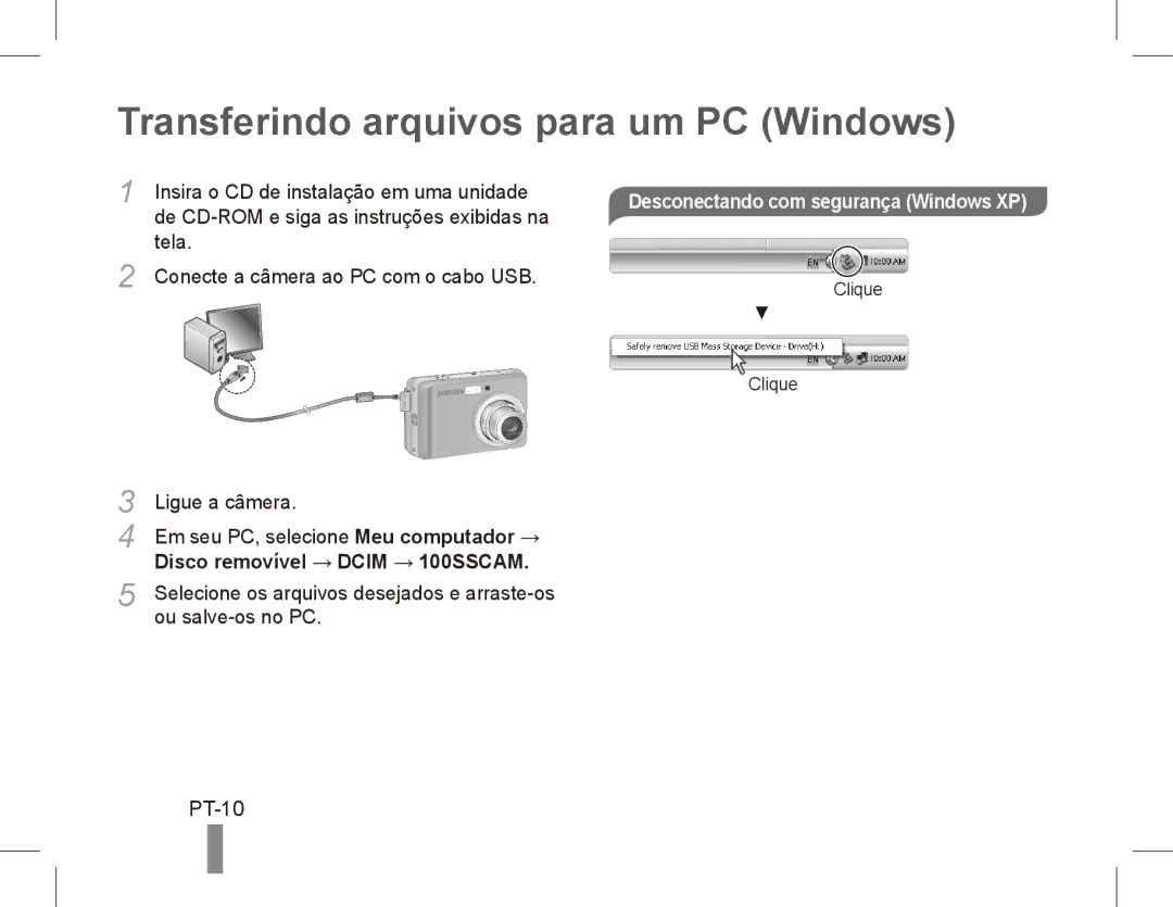 Samsung EC-ES15ZPBA/E1 manual Transferindo arquivos para um PC Windows, PT-10, Desconectando com segurança Windows XP 