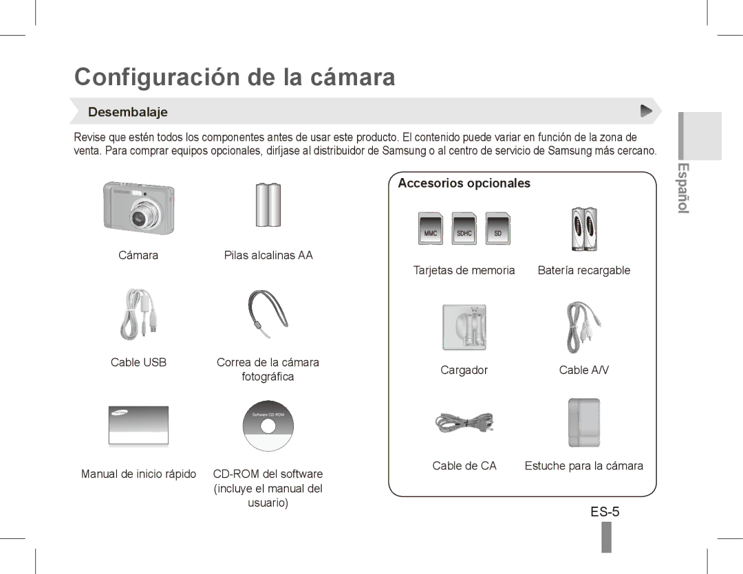 Samsung EC-ES15ZWBA/SA, EC-ES15ZPBA/FR, EC-ES15ZWBA/FR Configuración de la cámara, ES-5, Desembalaje, Accesorios opcionales 