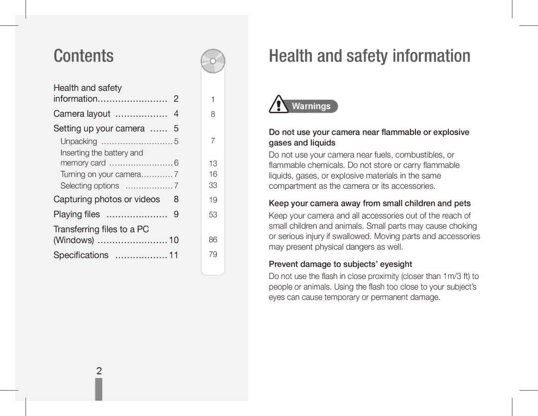 Samsung EC-ES15ZWBA/ME, EC-ES15ZPBA/FR, EC-ES15ZWBA/FR, EC-ES15ZSBA/FR manual Contents, Health and safety information 