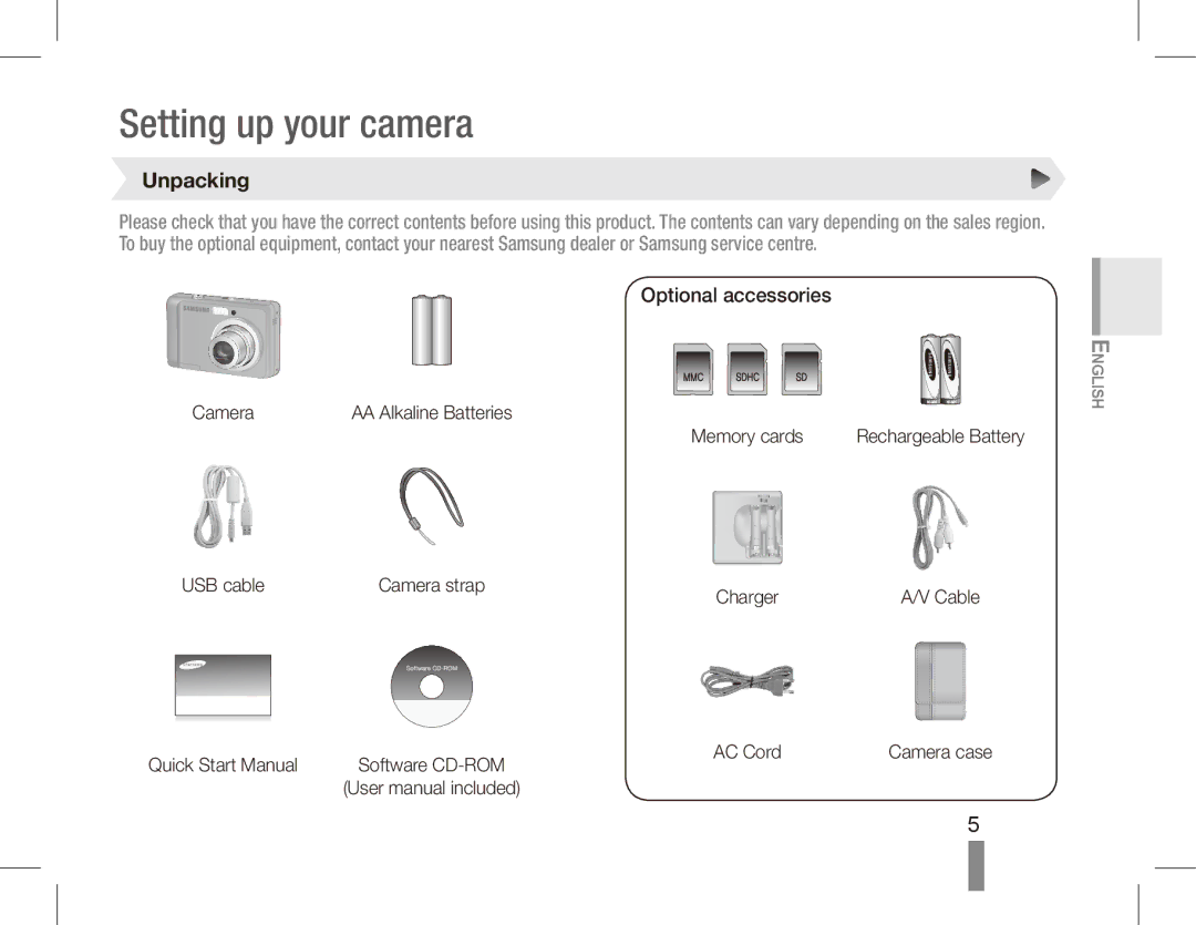 Samsung EC-ES15ZWBA/VN, EC-ES15ZPBA/FR, EC-ES15ZWBA/FR manual Setting up your camera, Unpacking, Optional accessories 