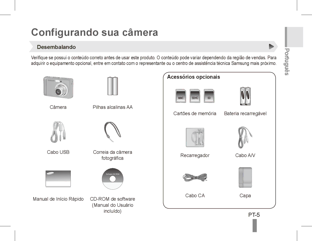 Samsung EC-ES15ZPBA/IT, EC-ES15ZPBA/FR, EC-ES15ZWBA/FR manual Configurando sua câmera, Desembalando, Acessórios opcionais 