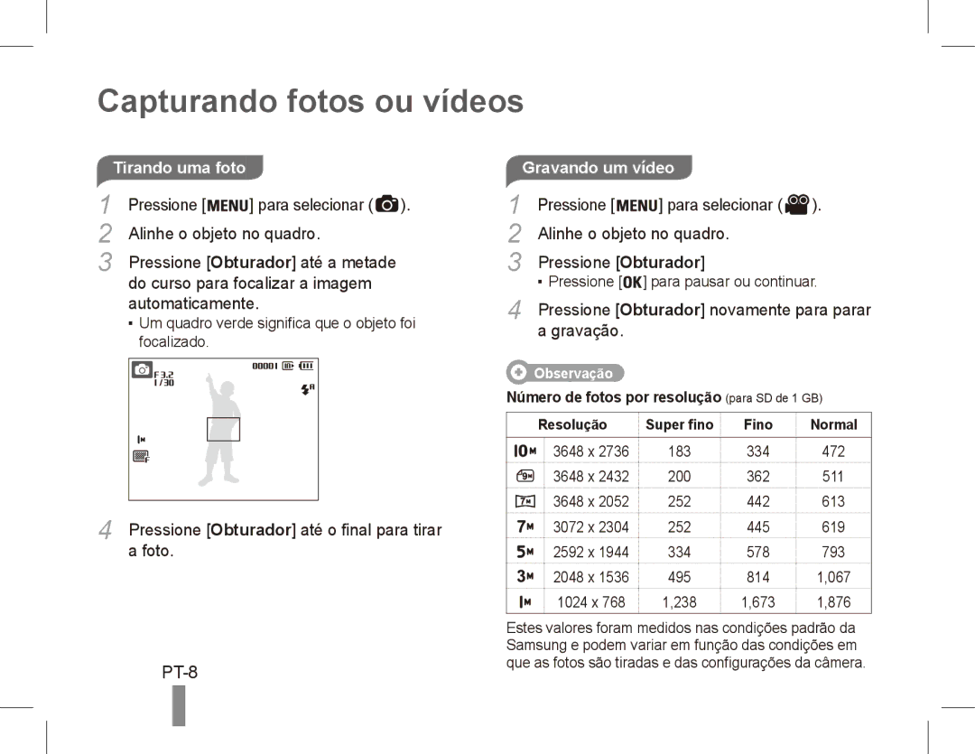 Samsung EC-ES15ZPBA/AR, EC-ES15ZPBA/FR, EC-ES15ZWBA/FR, EC-ES15ZSBA/FR, EC-ES15ZBBA/FR manual Capturando fotos ou vídeos, PT-8 