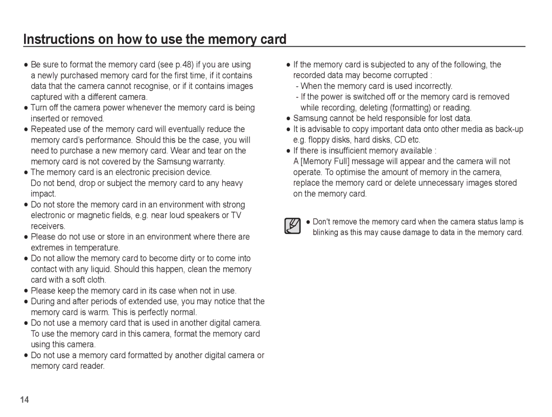 Samsung EC-ES15ZWBA/SA manual Instructions on how to use the memory card, When the memory card is used incorrectly 