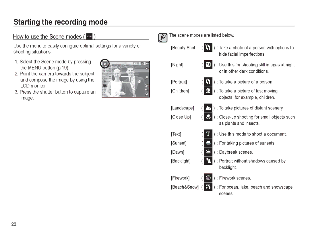 Samsung EC-ES15ZBBA/VN, EC-ES15ZPBA/FR, EC-ES15ZWBA/FR, EC-ES15ZSBA/FR, EC-ES15ZBBA/FR manual How to use the Scene modes 