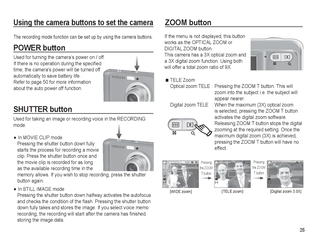 Samsung EC-ES15ZPBA/VN, EC-ES15ZPBA/FR, EC-ES15ZWBA/FR, EC-ES15ZSBA/FR manual Power button, Shutter button, Zoom button 