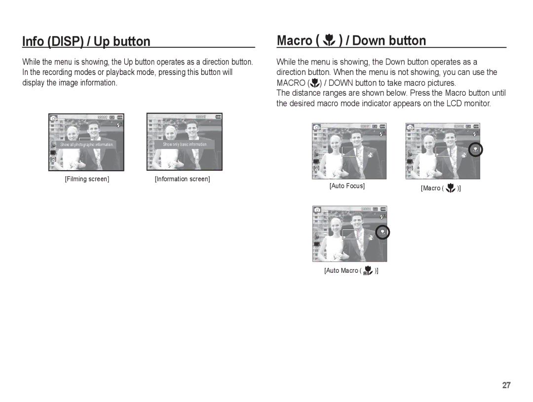 Samsung EC-ES15ZWBA/E3, EC-ES15ZPBA/FR, EC-ES15ZWBA/FR, EC-ES15ZSBA/FR manual Info Disp / Up button, Macro / Down button 