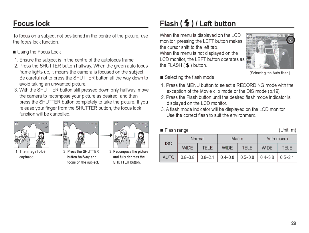 Samsung EC-ES15ZBBA/E3, EC-ES15ZPBA/FR manual Focus lock, Flash / Left button, Selecting the ﬂash mode, Flash range 