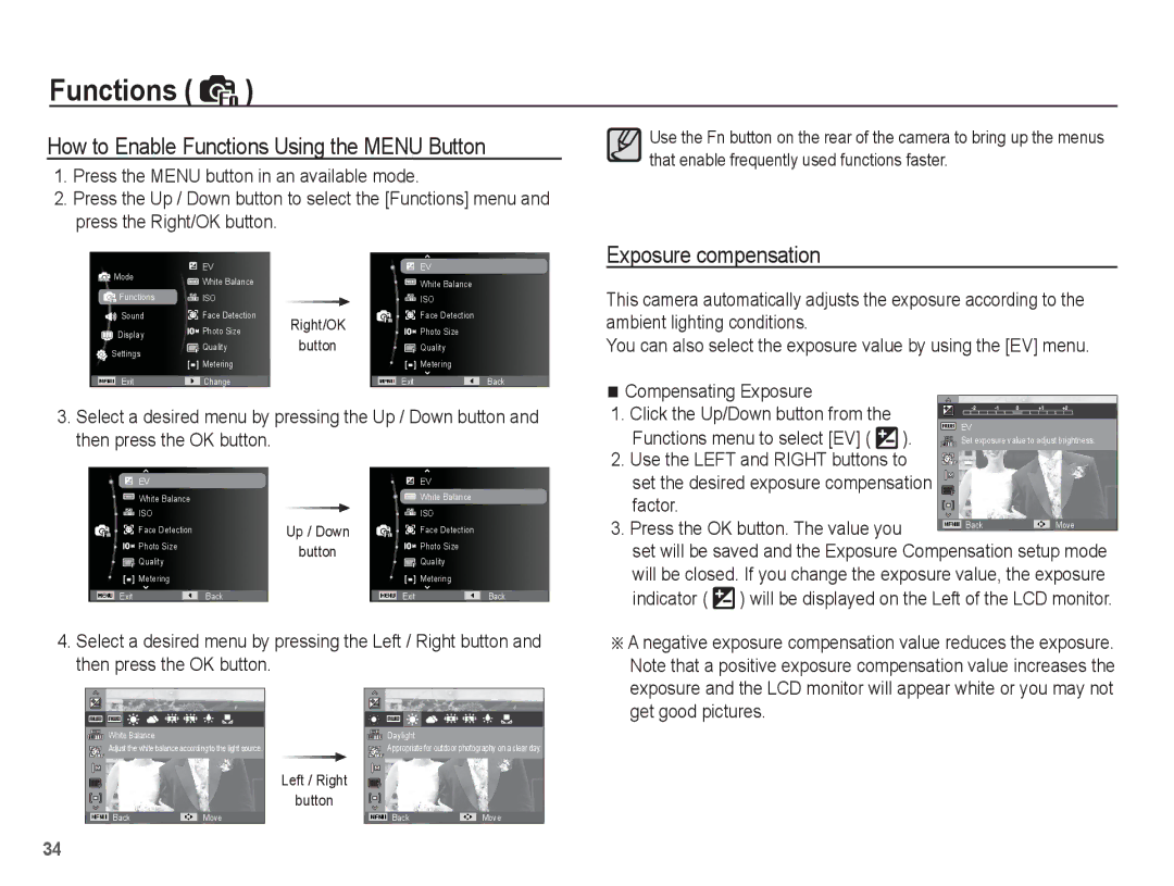 Samsung EC-ES15ZWBA/E2, EC-ES15ZPBA/FR, EC-ES15ZWBA/FR How to Enable Functions Using the Menu Button, Exposure compensation 