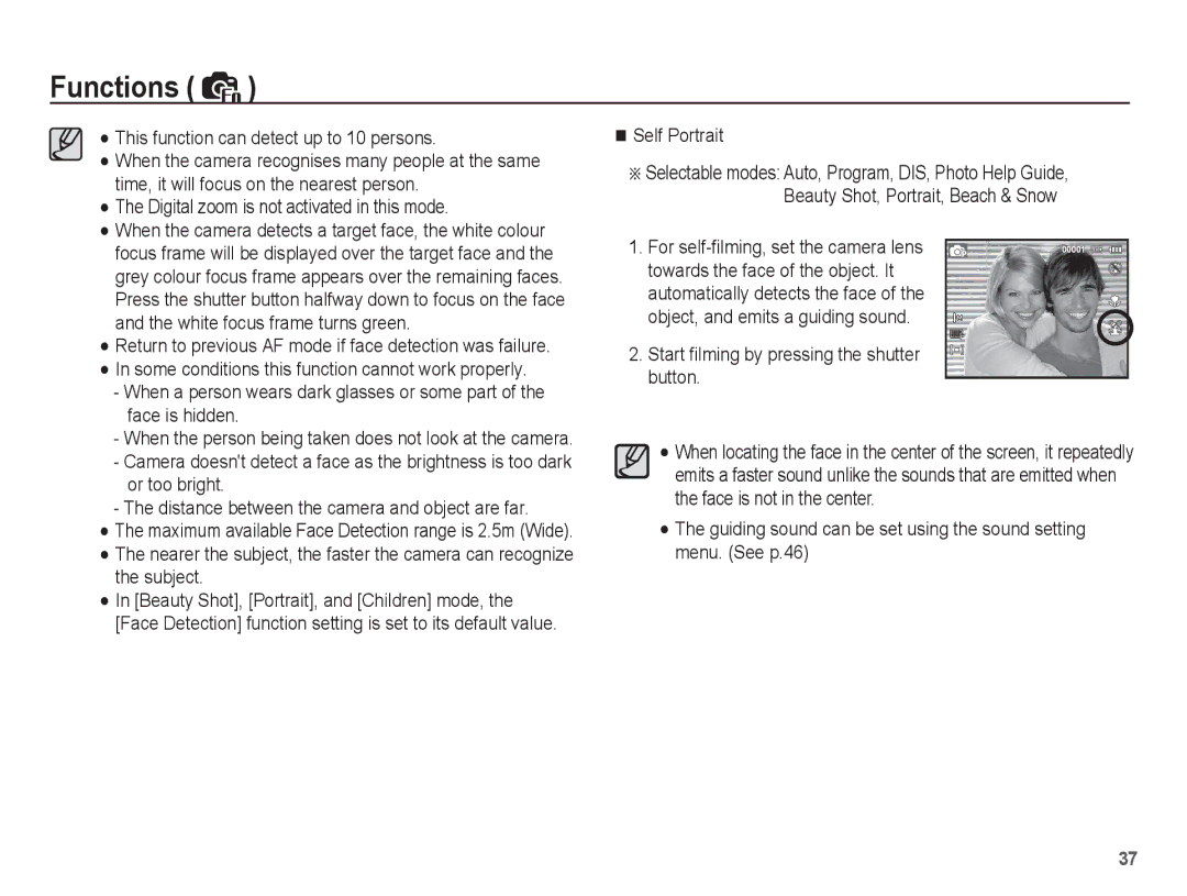 Samsung EC-ES15ZSBA/RU manual This function can detect up to 10 persons, Digital zoom is not activated in this mode 