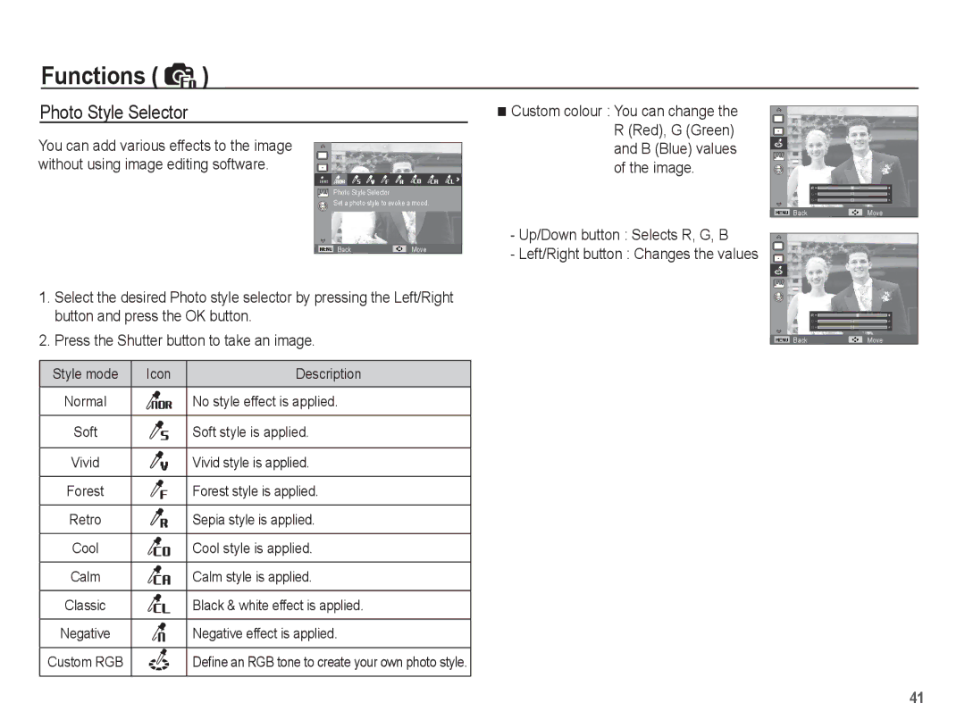 Samsung EC-ES15ZWBA/FR, EC-ES15ZPBA/FR, EC-ES15ZSBA/FR, EC-ES15ZBBA/FR Photo Style Selector, Up/Down button Selects R, G, B 