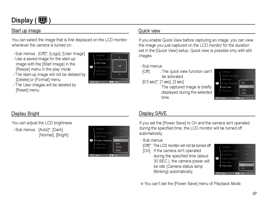 Samsung EC-ES15ZBBA/IT, EC-ES15ZPBA/FR, EC-ES15ZWBA/FR manual Start up image, Quick view, Display Bright, Display Save 