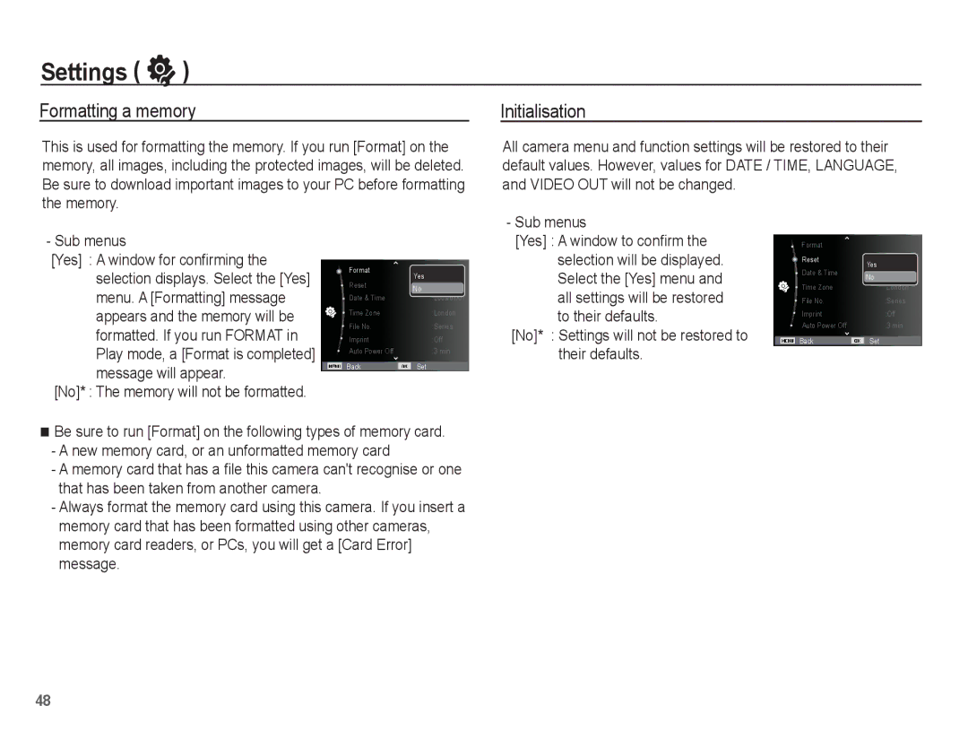 Samsung EC-ES15ZPBA/AR manual Formatting a memory, Initialisation, No* Settings will not be restored to their defaults 