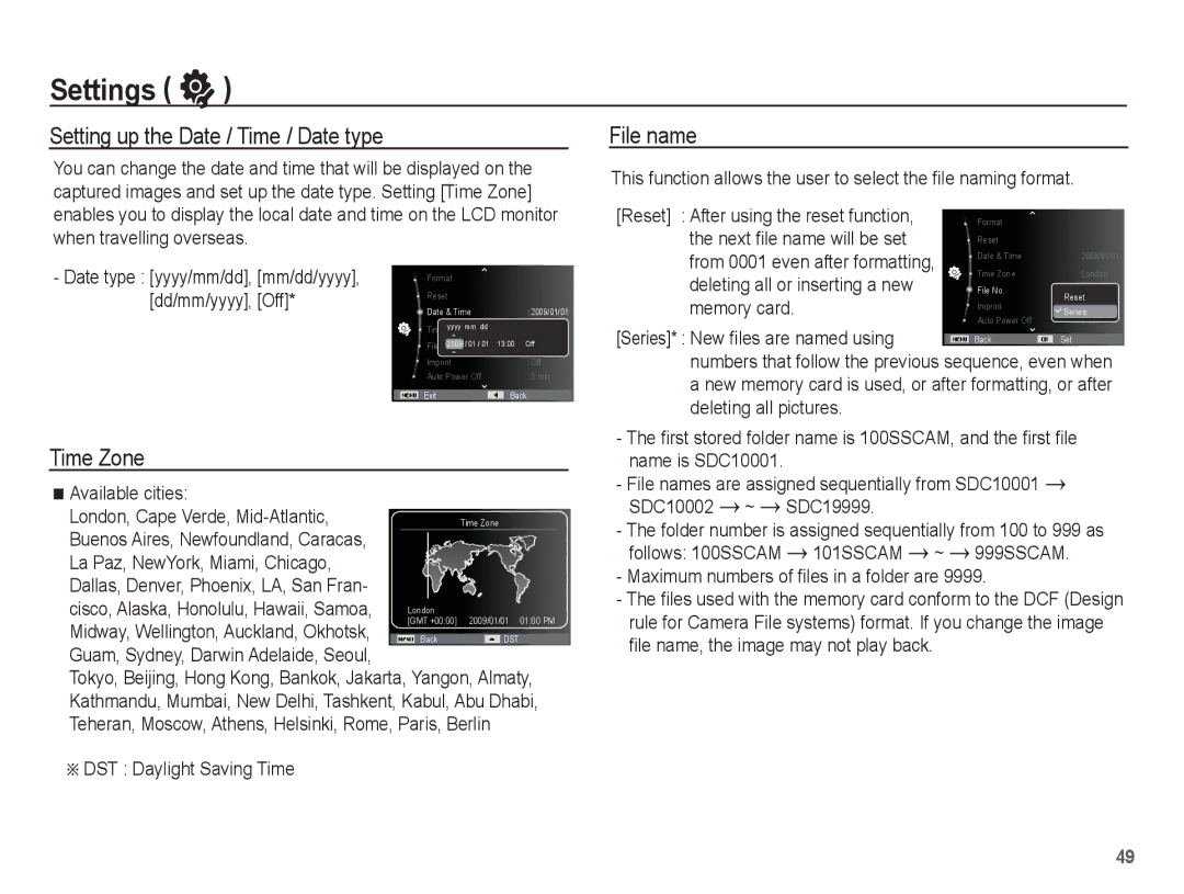 Samsung EC-ES15ZSBA/E1, EC-ES15ZPBA/FR, EC-ES15ZWBA/FR manual Setting up the Date / Time / Date type, File name, Time Zone 