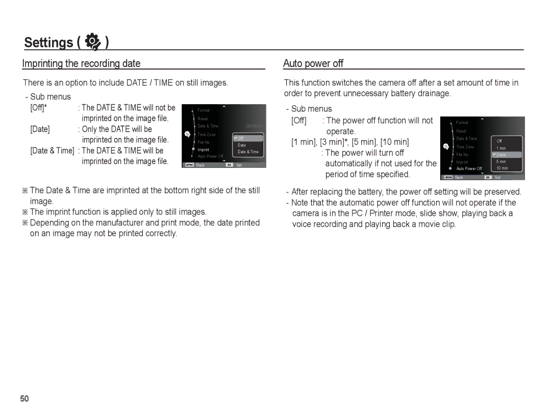 Samsung EC-ES15ZPBA/E1, EC-ES15ZPBA/FR manual Imprinting the recording date, Auto power off, Date Only the Date will be 