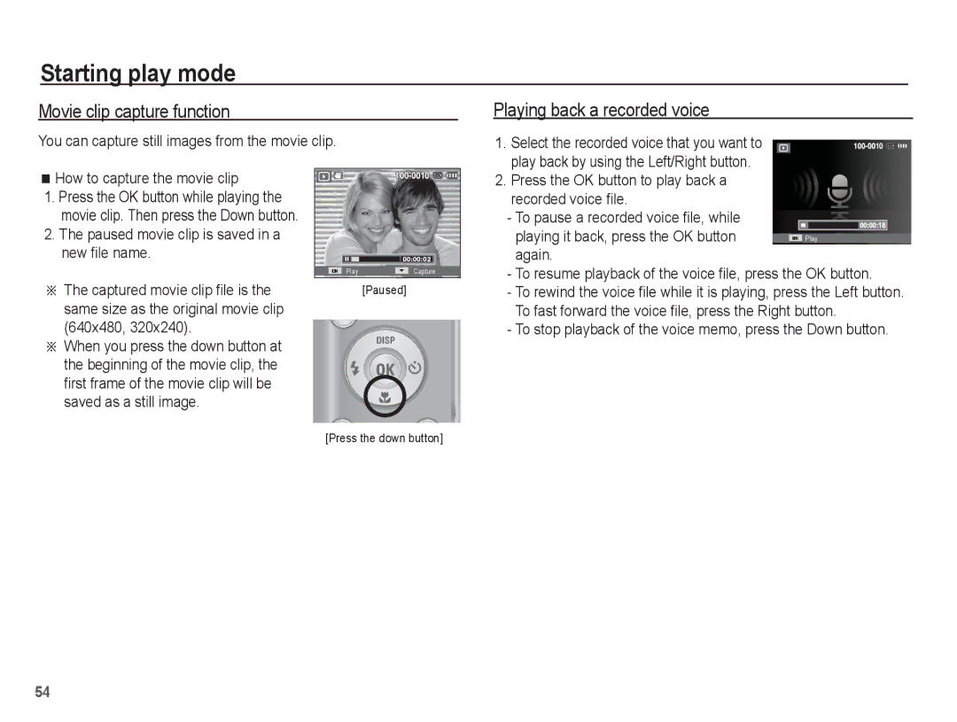 Samsung EC-ES15ZBDA/ME, EC-ES15ZPBA/FR, EC-ES15ZWBA/FR manual Movie clip capture function, Playing back a recorded voice 