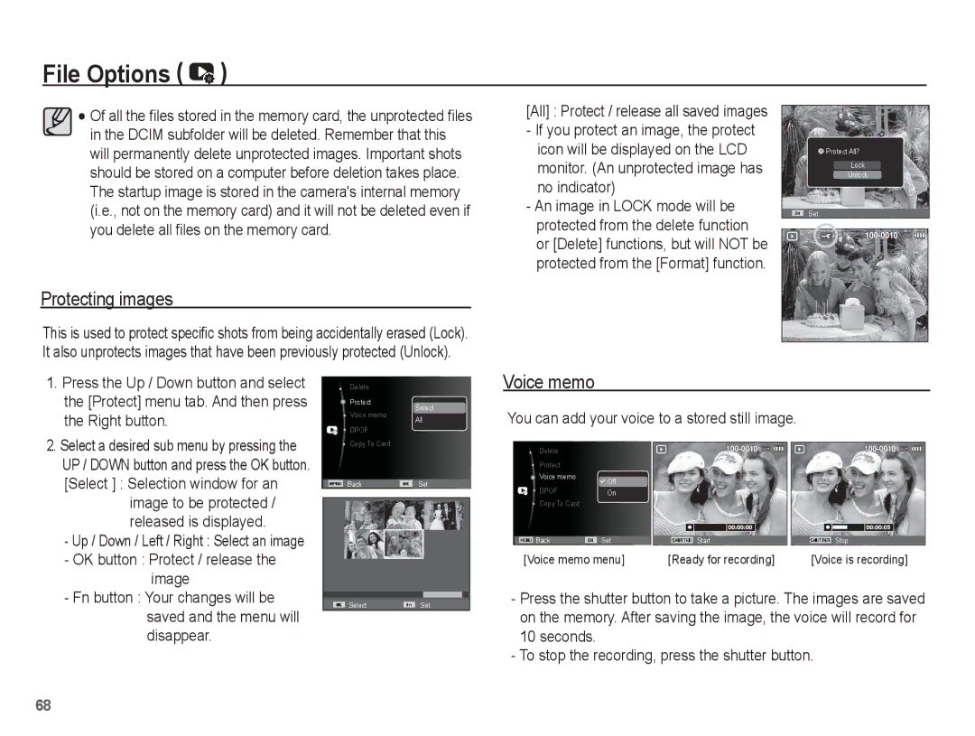 Samsung EC-ES15ZWBA/E3 Protecting images, You can add your voice to a stored still image, Image to be protected, Disappear 