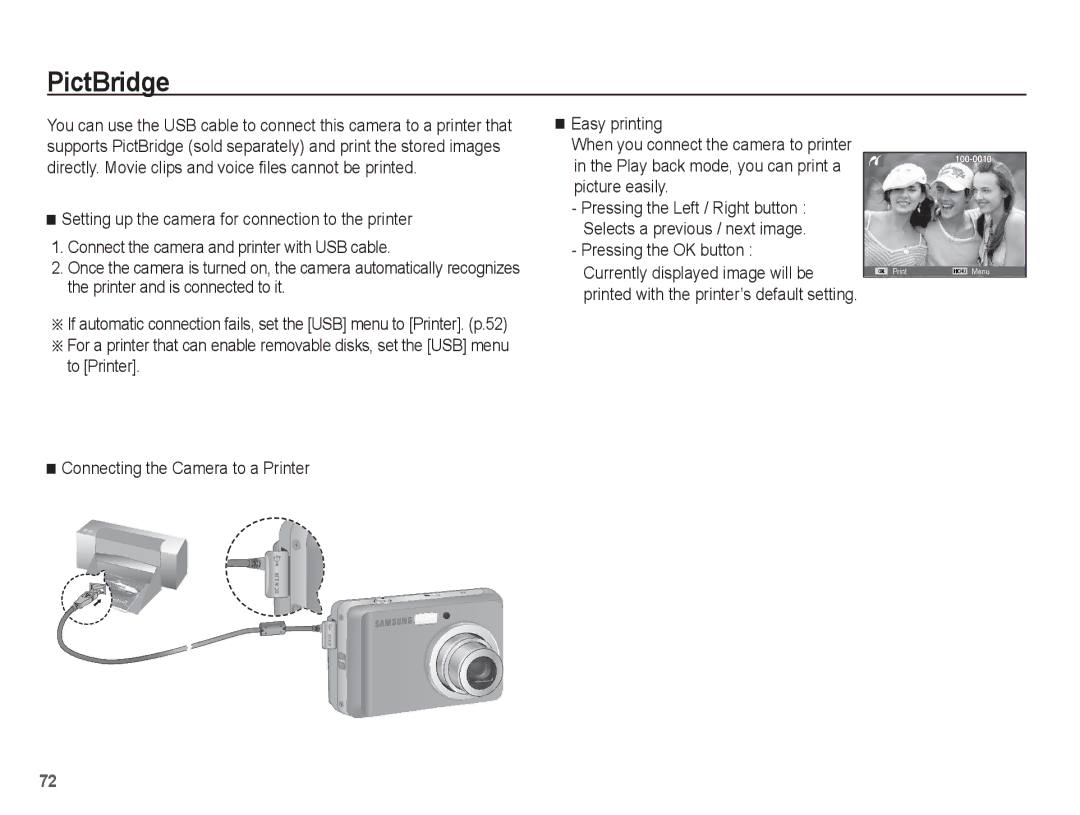 Samsung EC-ES15ZBBA/AR, EC-ES15ZPBA/FR, EC-ES15ZWBA/FR, EC-ES15ZSBA/FR, EC-ES15ZBBA/FR, EC-ES15ZWBA/IT manual PictBridge 