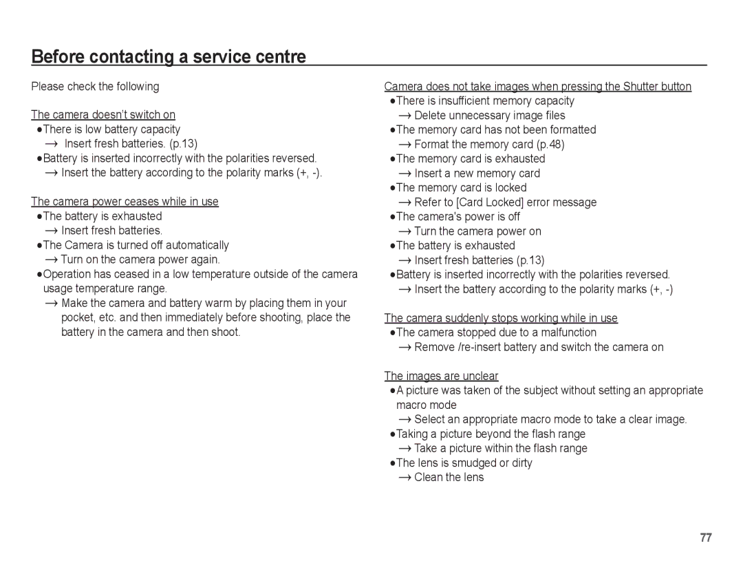 Samsung EC-ES15ZPBA/E2 manual Before contacting a service centre, Please check the following, Insert fresh batteries. p.13 