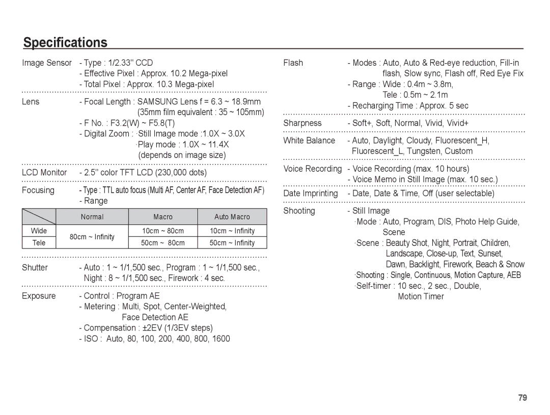 Samsung EC-ES15ZWBA/RU, EC-ES15ZPBA/FR, EC-ES15ZWBA/FR, EC-ES15ZSBA/FR, EC-ES15ZBBA/FR, EC-ES15ZWBA/IT manual Specifications 