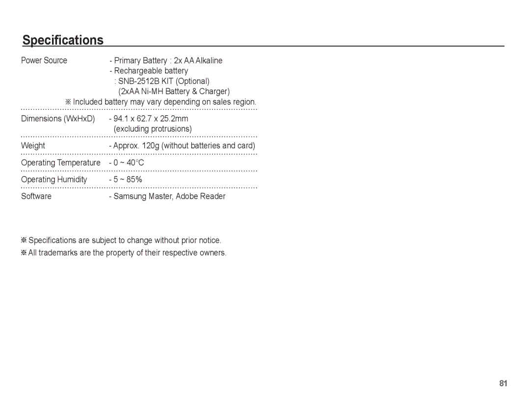 Samsung EC-ES15ZPBA/FR, EC-ES15ZWBA/FR, EC-ES15ZSBA/FR Power Source, Rechargeable battery, ~ 40C, Operating Temperature 