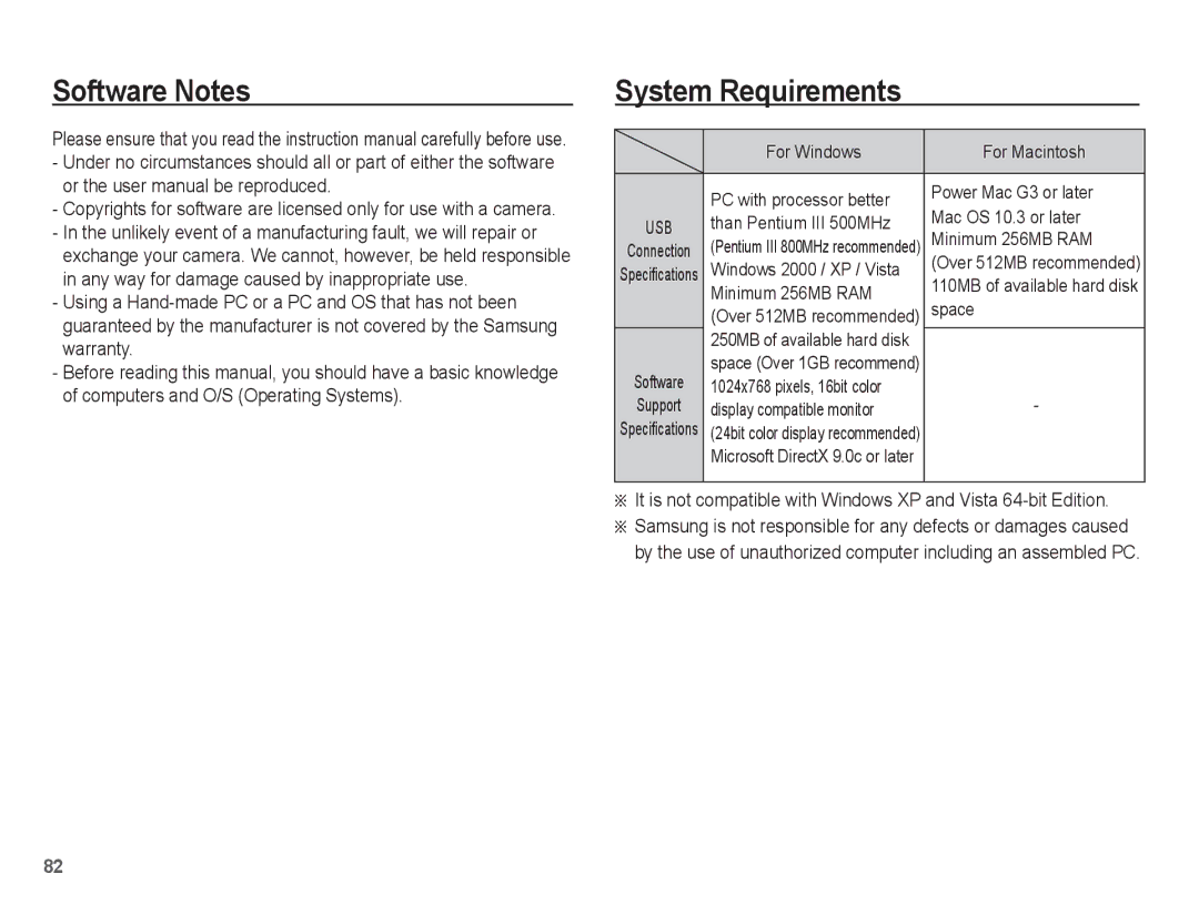 Samsung EC-ES15ZWBA/FR, EC-ES15ZPBA/FR, EC-ES15ZSBA/FR, EC-ES15ZBBA/FR, EC-ES15ZWBA/IT Software Notes, System Requirements 