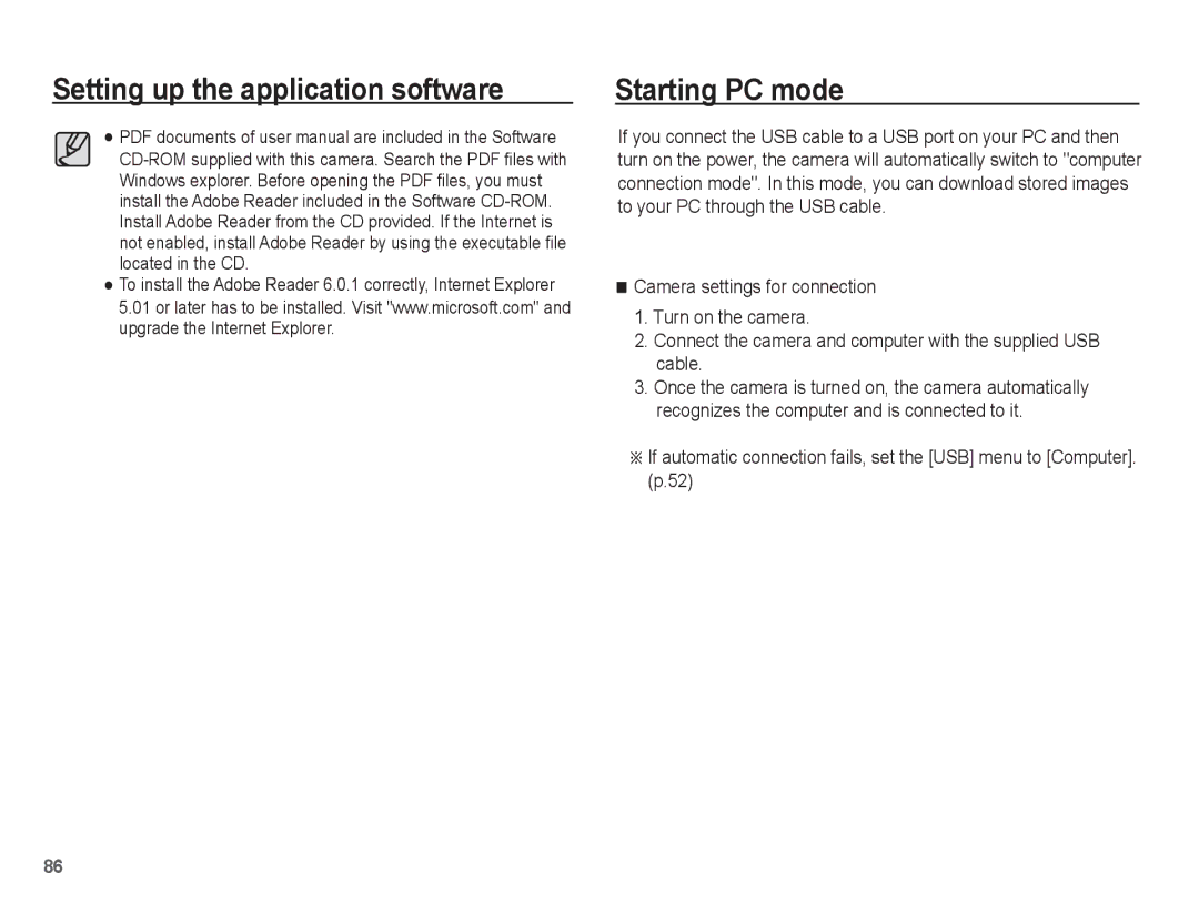 Samsung EC-ES15ZPBA/IT, EC-ES15ZPBA/FR, EC-ES15ZWBA/FR, EC-ES15ZSBA/FR, EC-ES15ZBBA/FR, EC-ES15ZWBA/IT manual Starting PC mode 