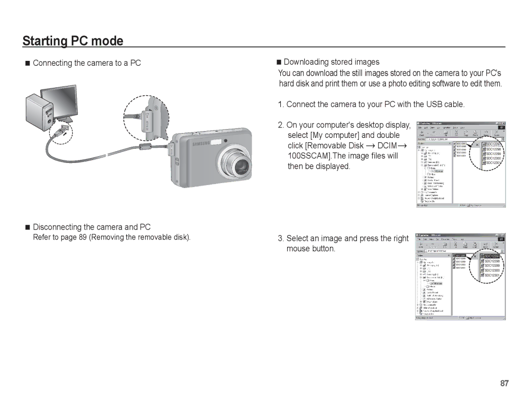 Samsung EC-ES15ZSBA/IT, EC-ES15ZPBA/FR manual Downloading stored images, Connect the camera to your PC with the USB cable 