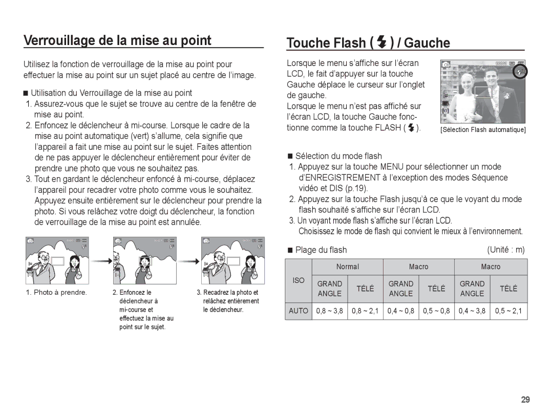 Samsung EC-ES15ZSBA/FR, EC-ES15ZPBA/FR Verrouillage de la mise au point, Touche Flash Gauche, De gauche, Plage du ﬂash 