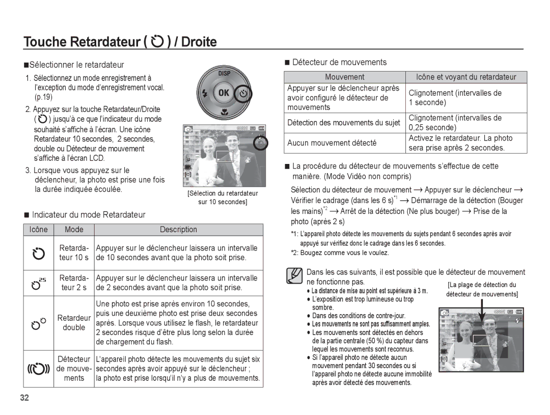 Samsung EC-ES15ZWBA/FR manual Sélectionner le retardateur, Indicateur du mode Retardateur, Détecteur de mouvements 