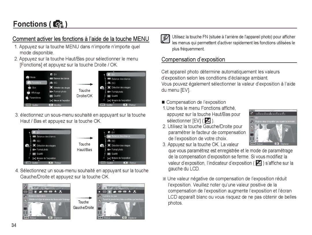 Samsung EC-ES15ZBBA/FR manual Compensation d’exposition, Sélectionner EV, Valeur d’exposition, l’indicateur d’exposition 