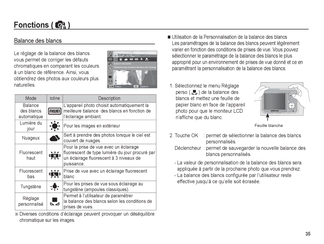 Samsung EC-ES15ZPBA/FR, EC-ES15ZWBA/FR Balance des blancs, Utilisation de la Personnalisation de la balance des blancs 