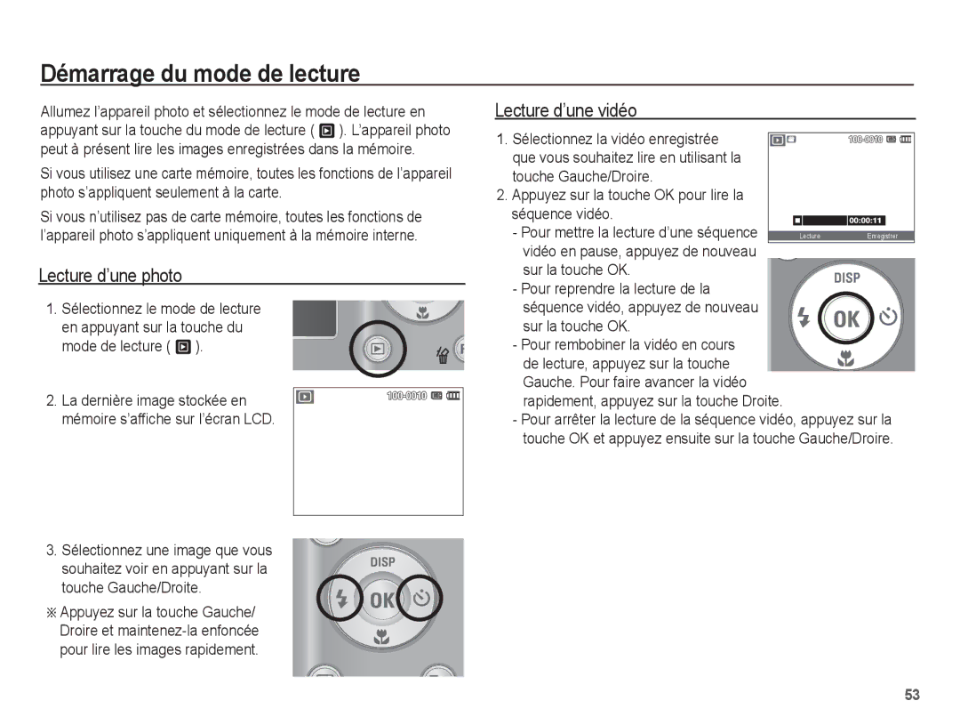 Samsung EC-ES15ZSBA/FR, EC-ES15ZPBA/FR manual Démarrage du mode de lecture, Lecture d’une photo, Lecture d’une vidéo 