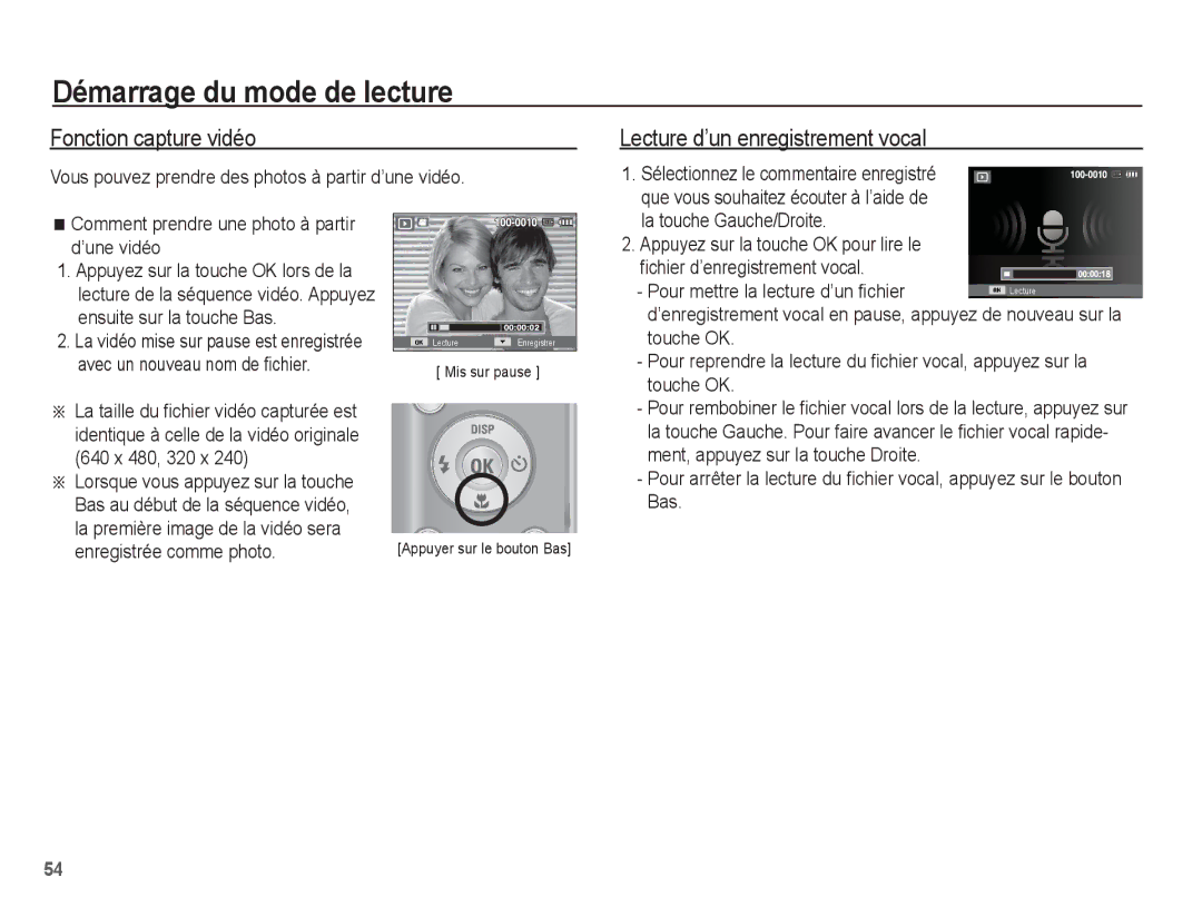 Samsung EC-ES15ZBBA/FR, EC-ES15ZPBA/FR, EC-ES15ZWBA/FR manual Fonction capture vidéo, Lecture d’un enregistrement vocal 