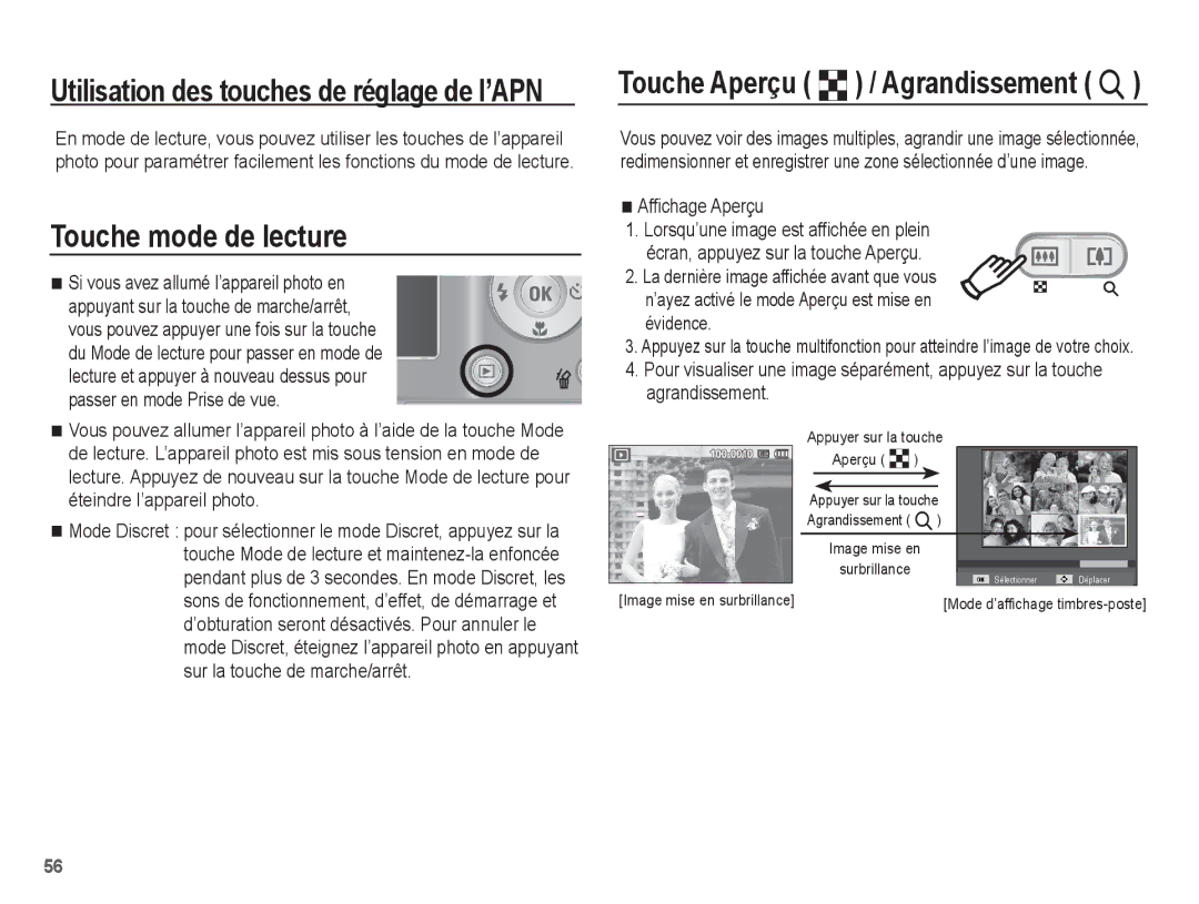 Samsung EC-ES15ZWBA/FR, EC-ES15ZPBA/FR manual Touche mode de lecture, Touche Aperçu º / Agrandissement í, Affichage Aperçu 