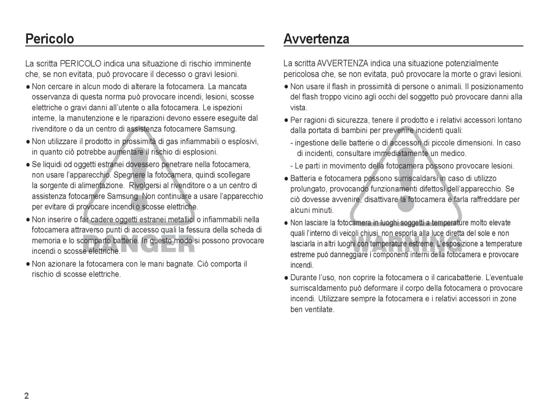 Samsung EC-ES15ZBBA/IT, EC-ES15ZWBA/IT, EC-ES15ZPBA/IT, EC-ES15ZSBA/IT manual Pericolo, Avvertenza 