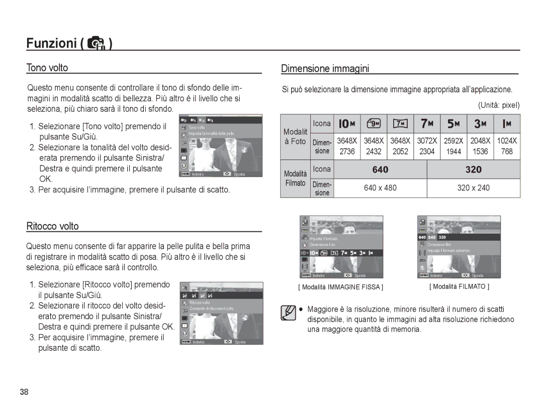 Samsung EC-ES15ZBBA/IT, EC-ES15ZWBA/IT, EC-ES15ZPBA/IT, EC-ES15ZSBA/IT manual Tono volto, Dimensione immagini, Ritocco volto 