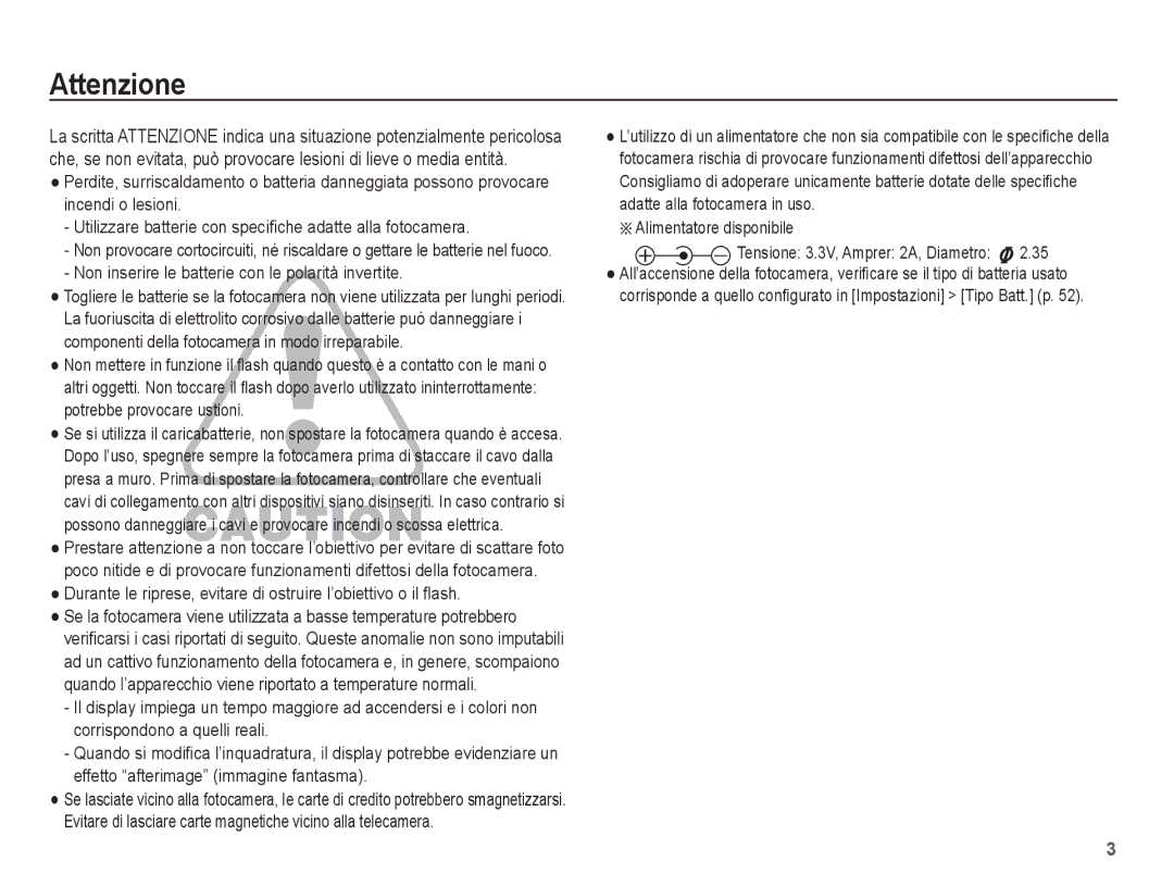 Samsung EC-ES15ZWBA/IT manual Attenzione, Non inserire le batterie con le polarità invertite, Alimentatore disponibile 