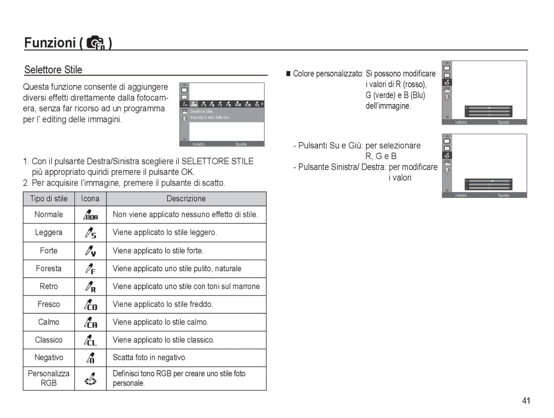 Samsung EC-ES15ZSBA/IT, EC-ES15ZWBA/IT, EC-ES15ZPBA/IT manual Selettore Stile, Colore personalizzato Si possono modiﬁcare 