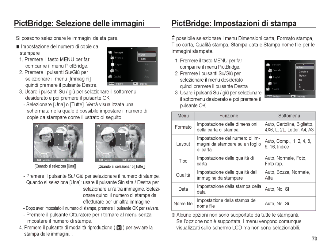 Samsung EC-ES15ZSBA/IT, EC-ES15ZWBA/IT manual PictBridge Selezione delle immagini, PictBridge Impostazioni di stampa 