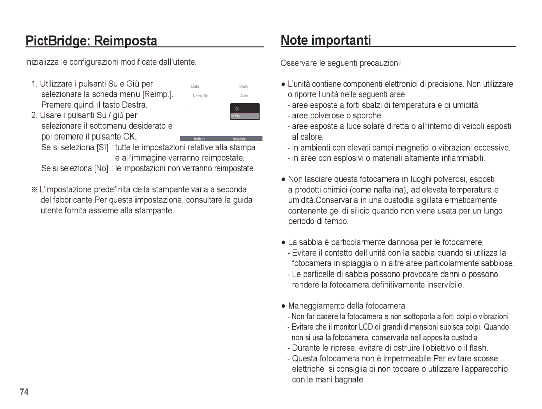 Samsung EC-ES15ZBBA/IT, EC-ES15ZWBA/IT, EC-ES15ZPBA/IT, EC-ES15ZSBA/IT manual PictBridge Reimposta 