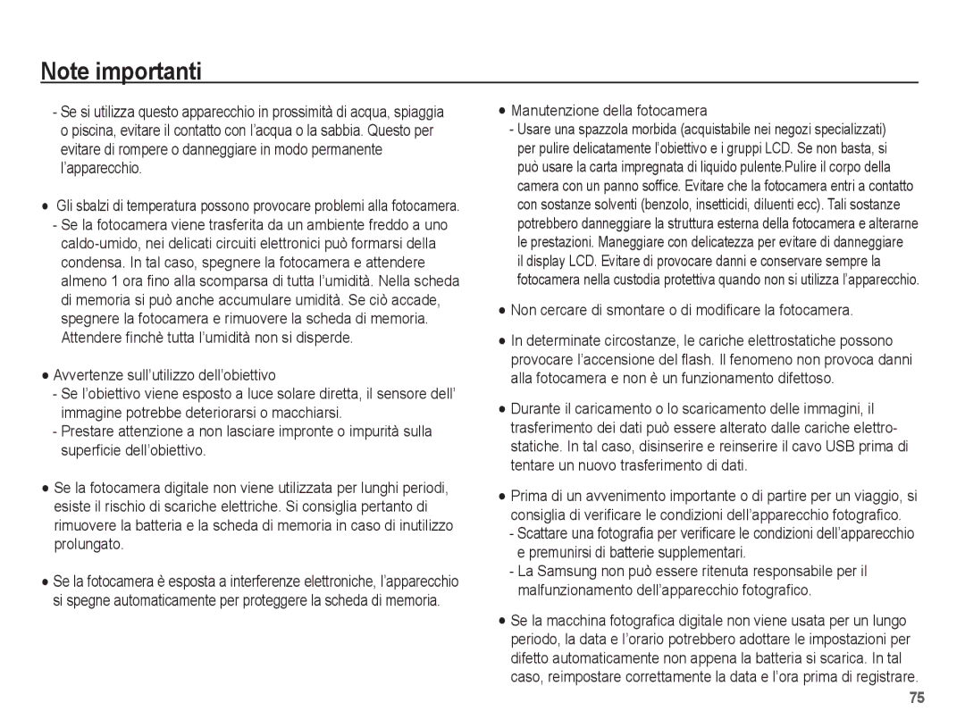 Samsung EC-ES15ZWBA/IT, EC-ES15ZPBA/IT manual Avvertenze sull’utilizzo dell’obiettivo, Manutenzione della fotocamera 