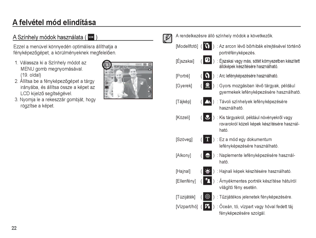 Samsung EC-ES15ZBBA/E2 manual Színhely módok használata, Oldal, Nyomja le a rekeszzár gombját, hogy rögzítse a képet 