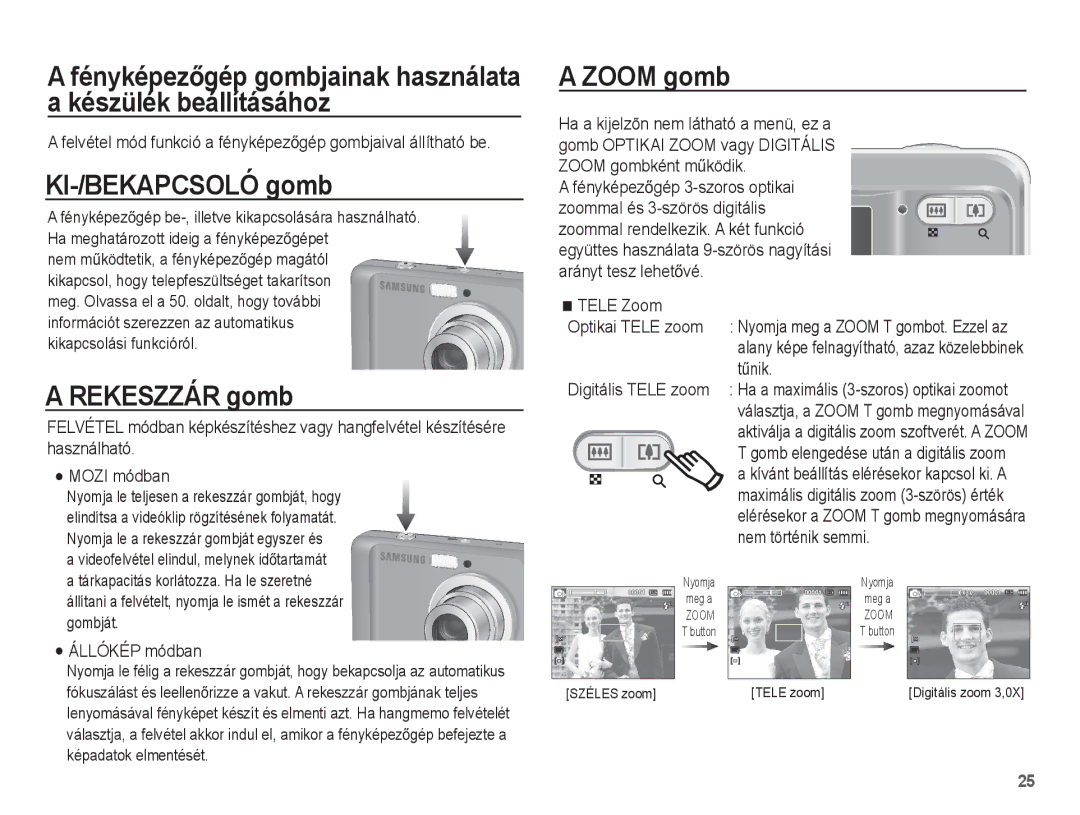 Samsung EC-ES15ZWBA/IT, EC-ES15ZSBA/IT, EC-ES15ZBBA/IT, EC-ES15ZSBA/E1 manual KI-/BEKAPCSOLÓ gomb, Rekeszzár gomb, Zoom gomb 