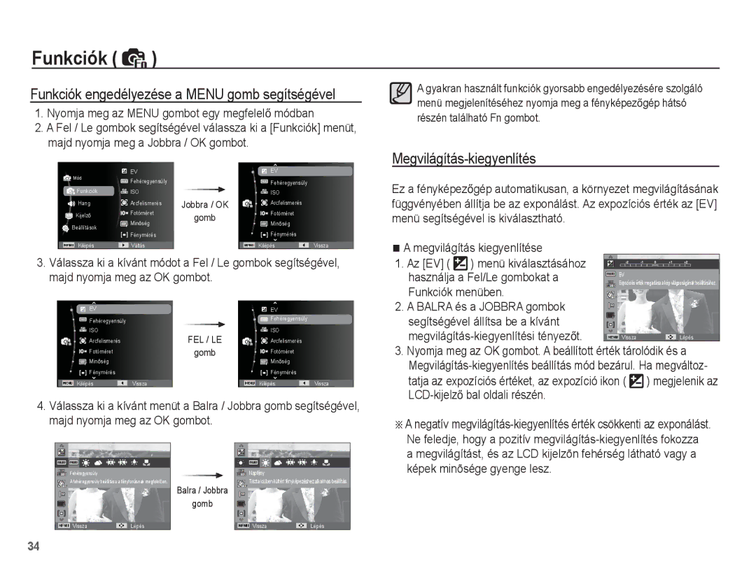 Samsung EC-ES15ZPBA/E3, EC-ES15ZWBA/IT manual Funkciók engedélyezése a Menu gomb segítségével, Megvilágítás-kiegyenlítés 