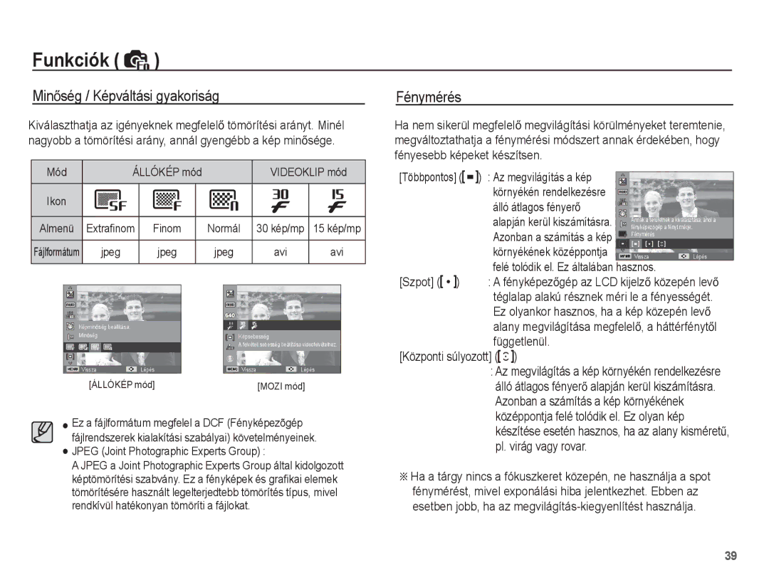 Samsung EC-ES15ZSBA/IT, EC-ES15ZWBA/IT, EC-ES15ZBBA/IT, EC-ES15ZSBA/E1 manual MinĘség / Képváltási gyakoriság, Fénymérés 