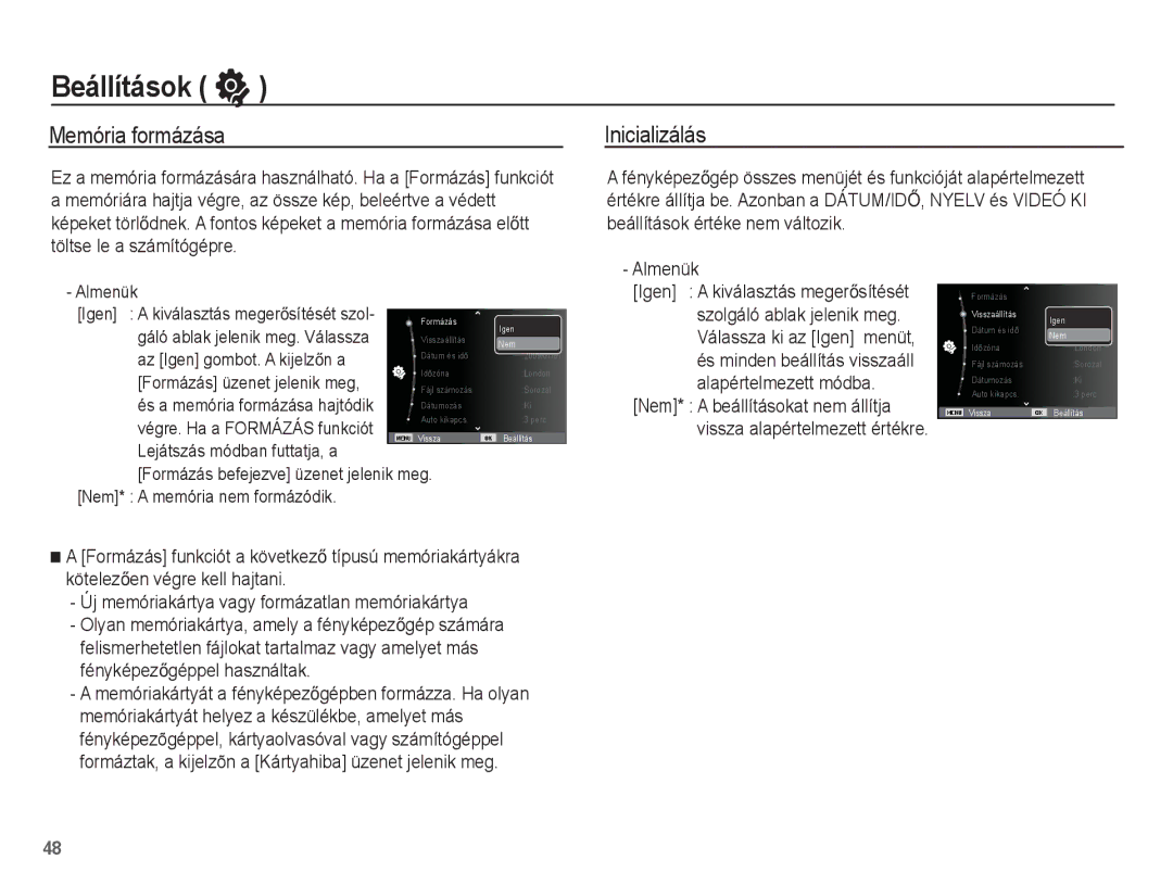 Samsung EC-ES15ZBBA/E2, EC-ES15ZWBA/IT, EC-ES15ZSBA/IT, EC-ES15ZBBA/IT manual Beállítások, Memória formázása, Inicializálás 