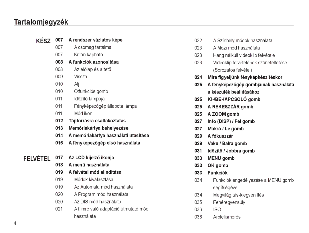 Samsung EC-ES15ZBBA/E1, EC-ES15ZWBA/IT, EC-ES15ZSBA/IT manual Tartalomjegyzék, Csomag tartalma 007 Külön kapható, 011 