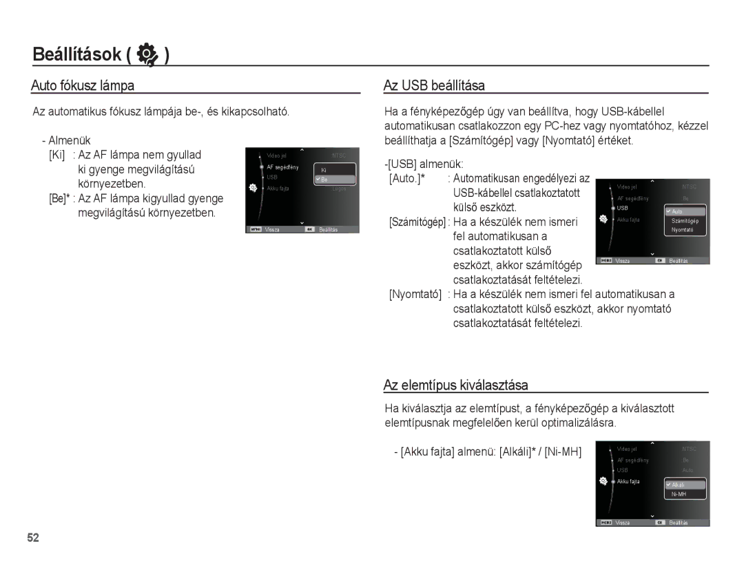 Samsung EC-ES15ZSBA/IT, EC-ES15ZWBA/IT, EC-ES15ZBBA/IT manual Auto fókusz lámpa, Az USB beállítása, Az elemtípus kiválasztása 