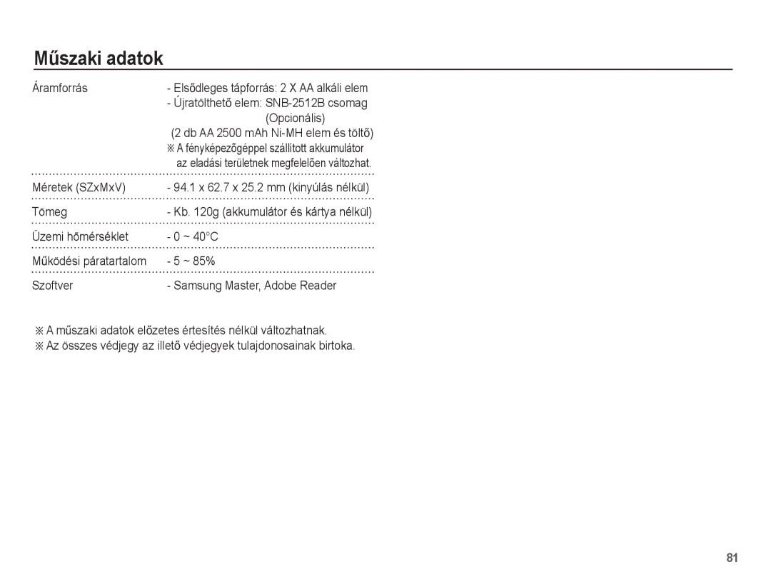 Samsung EC-ES15ZPBA/E1, EC-ES15ZWBA/IT manual Áramforrás, Opcionális, Méretek SZxMxV, Tömeg, Üzemi hõmérséklet ~ 40C, ~ 85% 